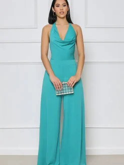 Halter Neck Backless Lace Up Wide Leg Jumpsuit