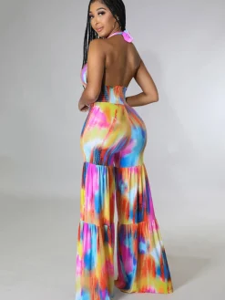 Halter Neck Backless Tie Dye Wide Leg Jumpsuit