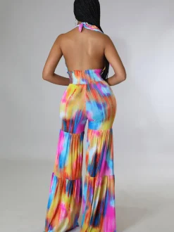 Halter Neck Backless Tie Dye Wide Leg Jumpsuit