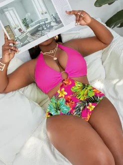 Halter Neck Floral Print Bodycon Swimsuit