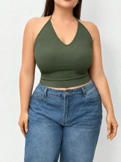 Halter Neck Solid Color Knit Tank Top