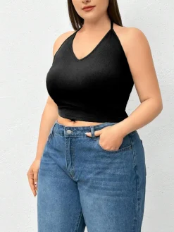 Halter Neck Solid Color Knit Tank Top