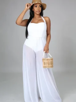 Halter Neck Strap Sheer Mesh Wide Leg Jumpsuit