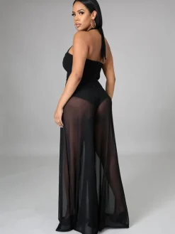 Halter Neck Strap Sheer Mesh Wide Leg Jumpsuit