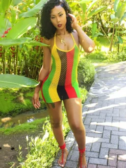 Halter Neck Straps Rainbow Hollow Out Fishnet Mini Dress