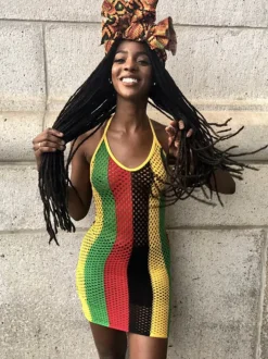 Halter Neck Straps Rainbow Hollow Out Fishnet Mini Dress