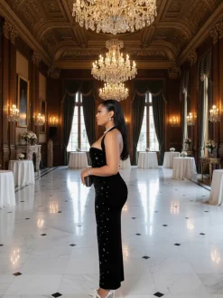 Halter Rhinestone Bead Maxi Dress