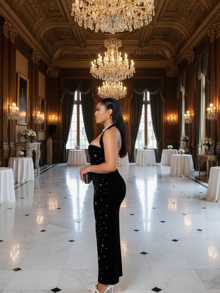 Halter Rhinestone Bead Maxi Dress