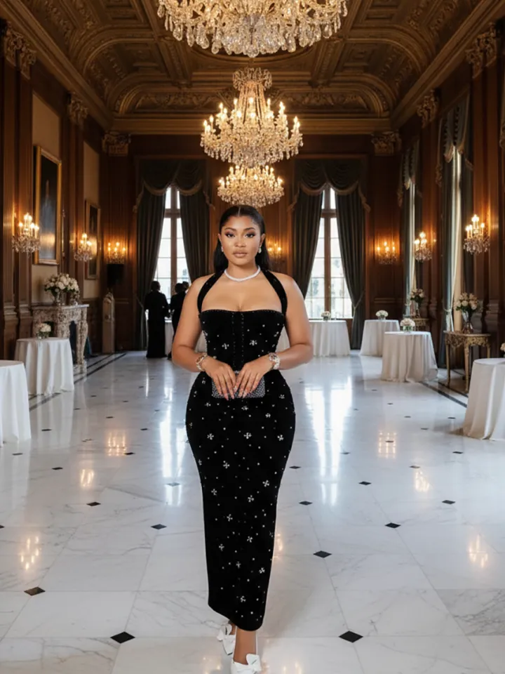 Halter Rhinestone Bead Maxi Dress