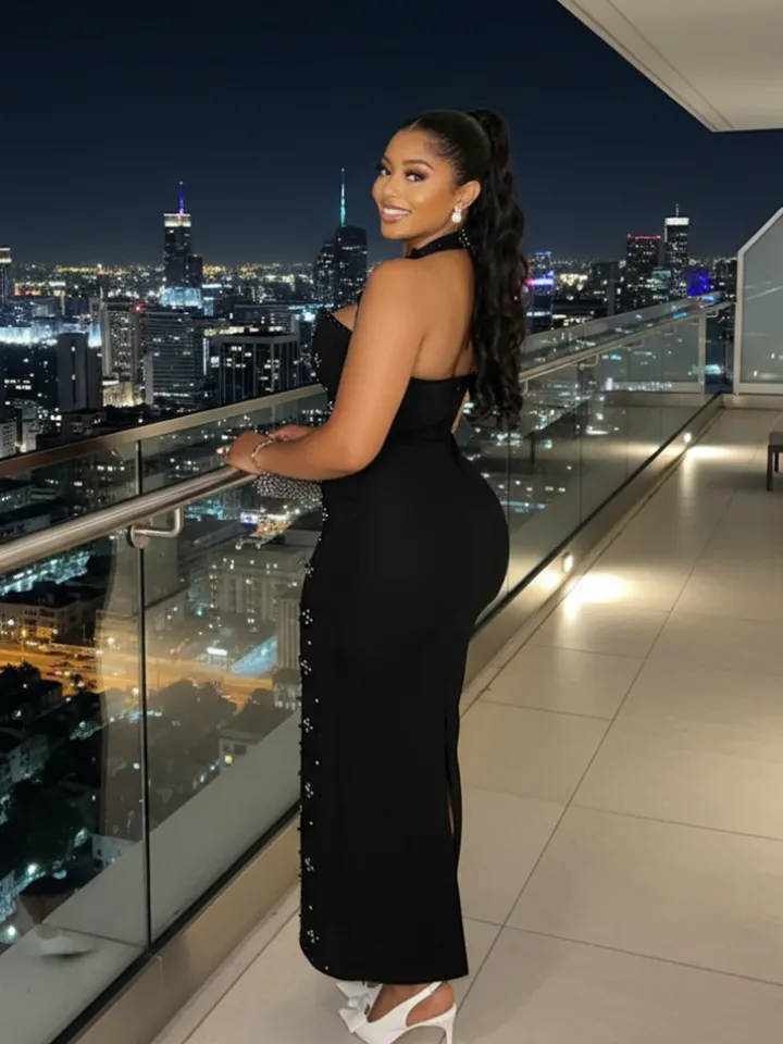 Halter Rhinestone Bead Maxi Dress