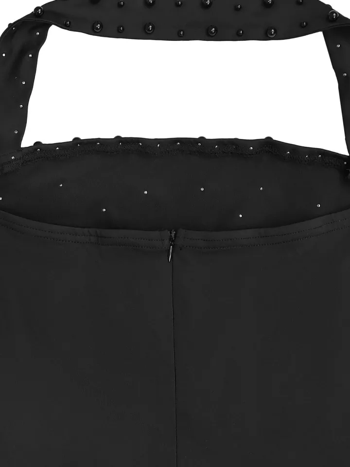 Halter Rhinestone Bead Maxi Dress