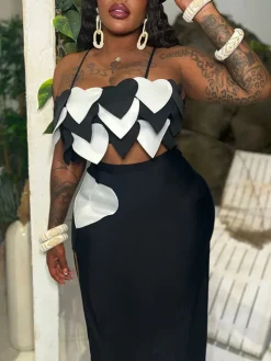 Heart Design Cami Top High Slit Skirt Set