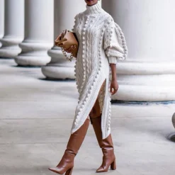 High Collar Slit knit Midi Dress