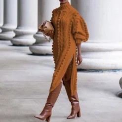 High Collar Slit knit Midi Dress