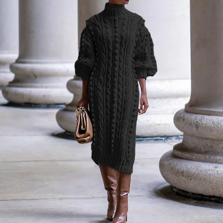 High Collar Slit knit Midi Dress