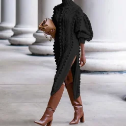 High Collar Slit knit Midi Dress