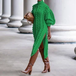 High Collar Slit knit Midi Dress