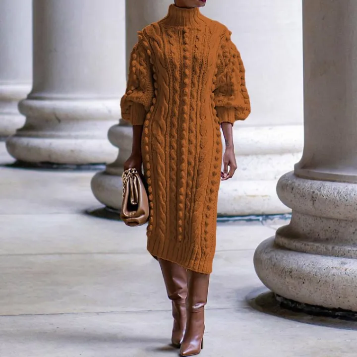 High Collar Slit knit Midi Dress