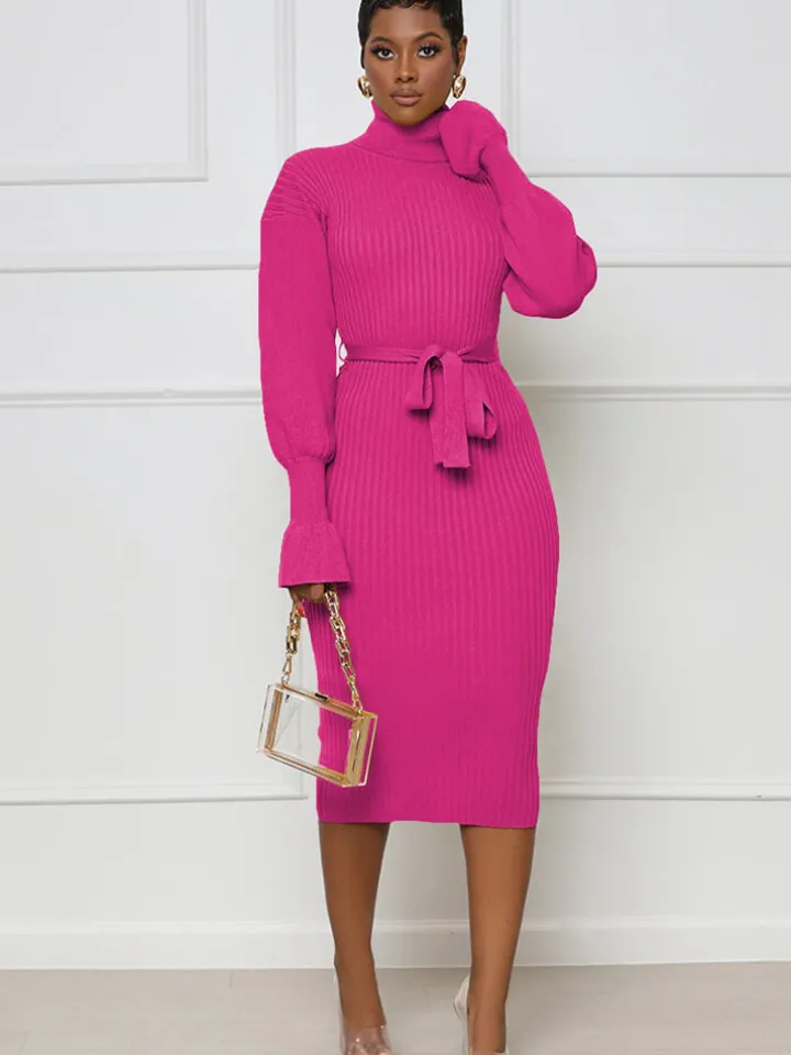 High Neck Long Sleeve Solid Midi Dreses