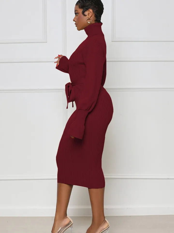 High Neck Long Sleeve Solid Midi Dreses