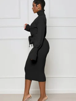 High Neck Long Sleeve Solid Midi Dreses