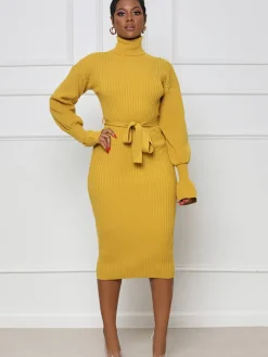 High Neck Long Sleeve Solid Midi Dreses