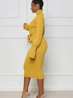 High Neck Long Sleeve Solid Midi Dreses