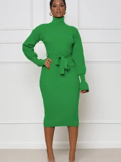 High Neck Long Sleeve Solid Midi Dreses