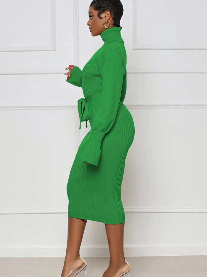 High Neck Long Sleeve Solid Midi Dreses