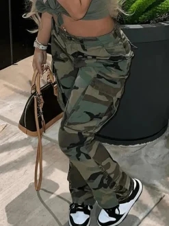 High Waist Camouflage Print Cargo Pants