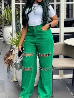 High Waist Distressed Chain Denim Pants