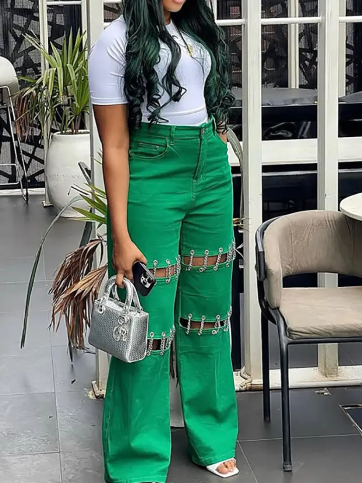 High Waist Distressed Chain Denim Pants