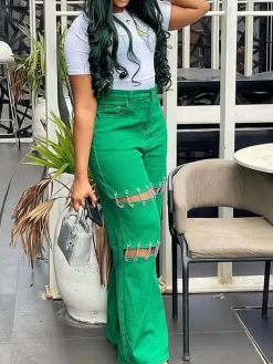 High Waist Distressed Chain Denim Pants