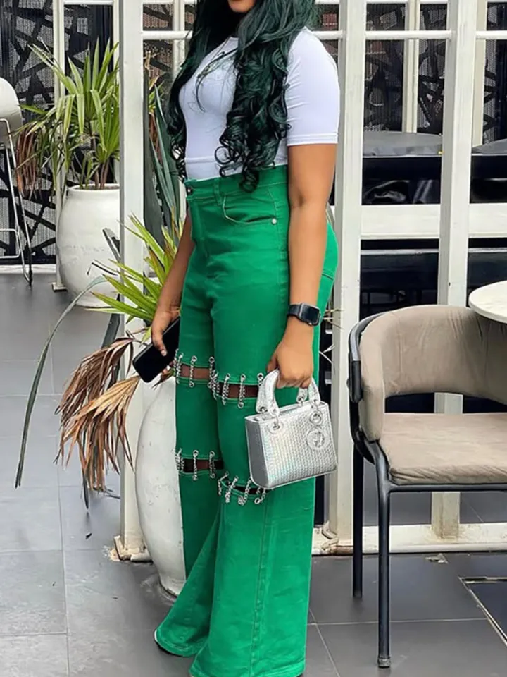 High Waist Distressed Chain Denim Pants