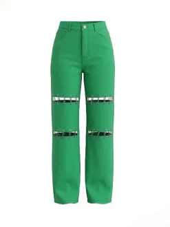 High Waist Distressed Chain Denim Pants