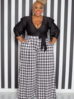 High Waist Houndstooth Print Floor Length Wide Leg Bottoms
