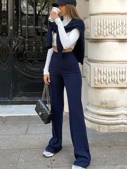 High Waist Solid Color Flares Long Pants