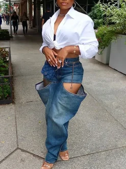 Hole Distressed Elastic Denim Jeans