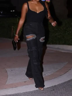 Hollow Rhinestone Multiple Pockets Denim Jeans