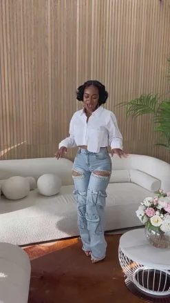 Hollow Rhinestone Multiple Pockets Denim Jeans