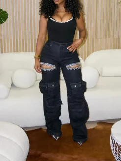 Hollow Rhinestone Multiple Pockets Denim Jeans