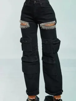 Hollow Rhinestone Multiple Pockets Denim Jeans