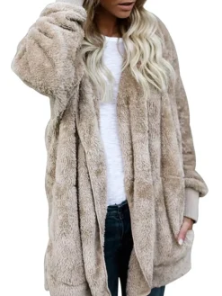 Hooded Cardigan Fluffy Fleece Coat Open Front Jacket