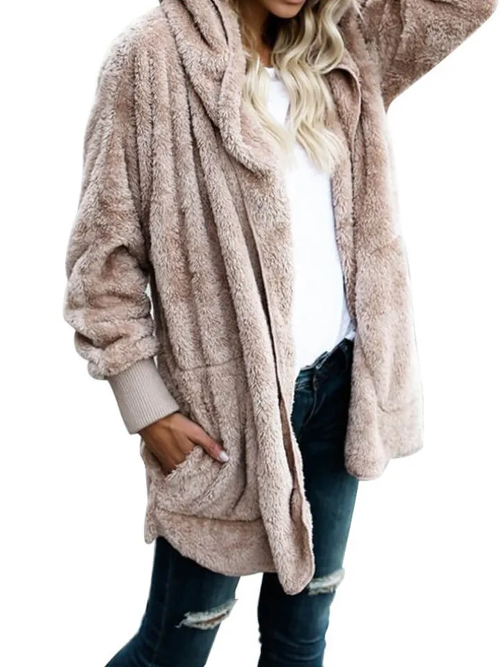 Hooded Cardigan Fluffy Fleece Coat Open Front Jacket