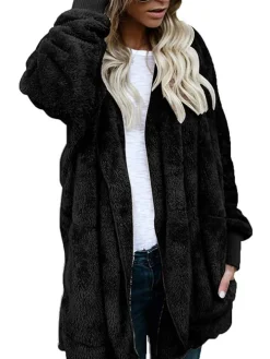 Hooded Cardigan Fluffy Fleece Coat Open Front Jacket