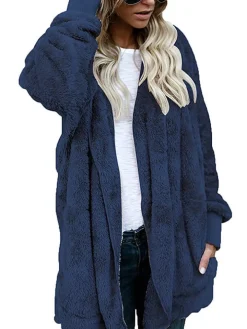 Hooded Cardigan Fluffy Fleece Coat Open Front Jacket