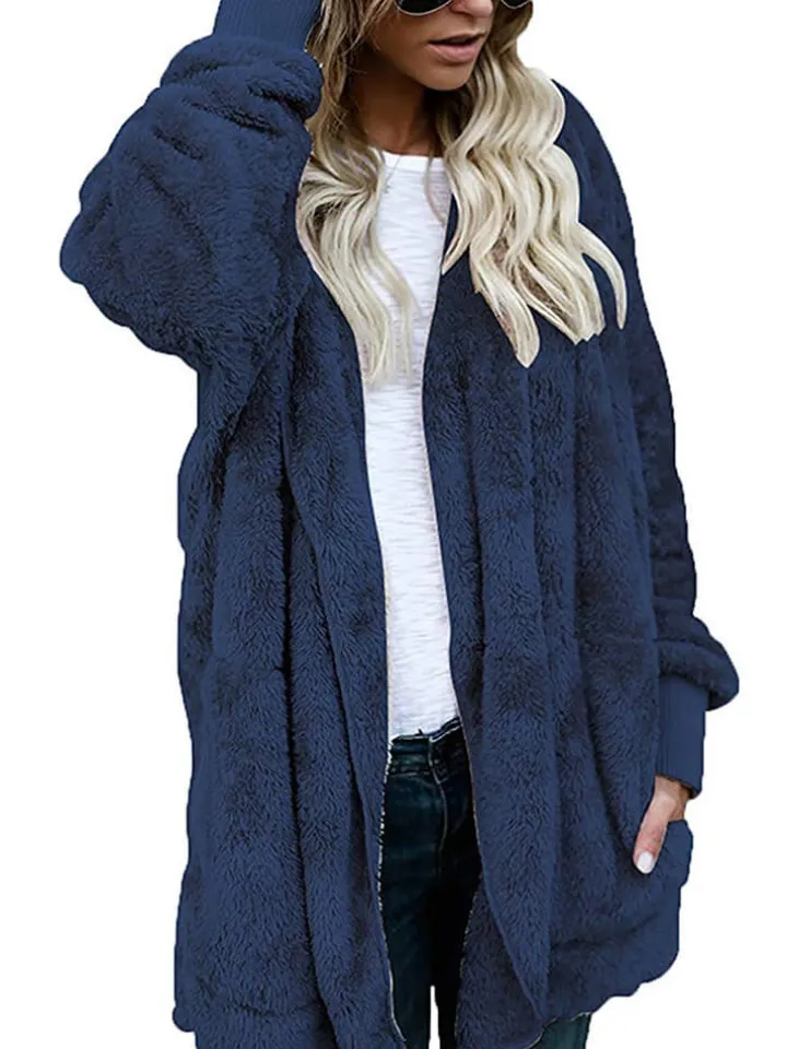 Hooded Cardigan Fluffy Fleece Coat Open Front Jacket