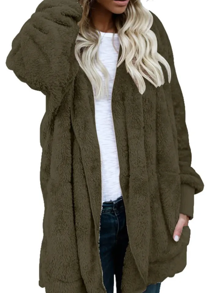 Hooded Cardigan Fluffy Fleece Coat Open Front Jacket