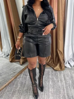 Hooded PU Leather Jacket Shorts Set