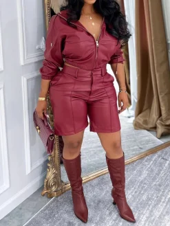 Hooded PU Leather Jacket Shorts Set